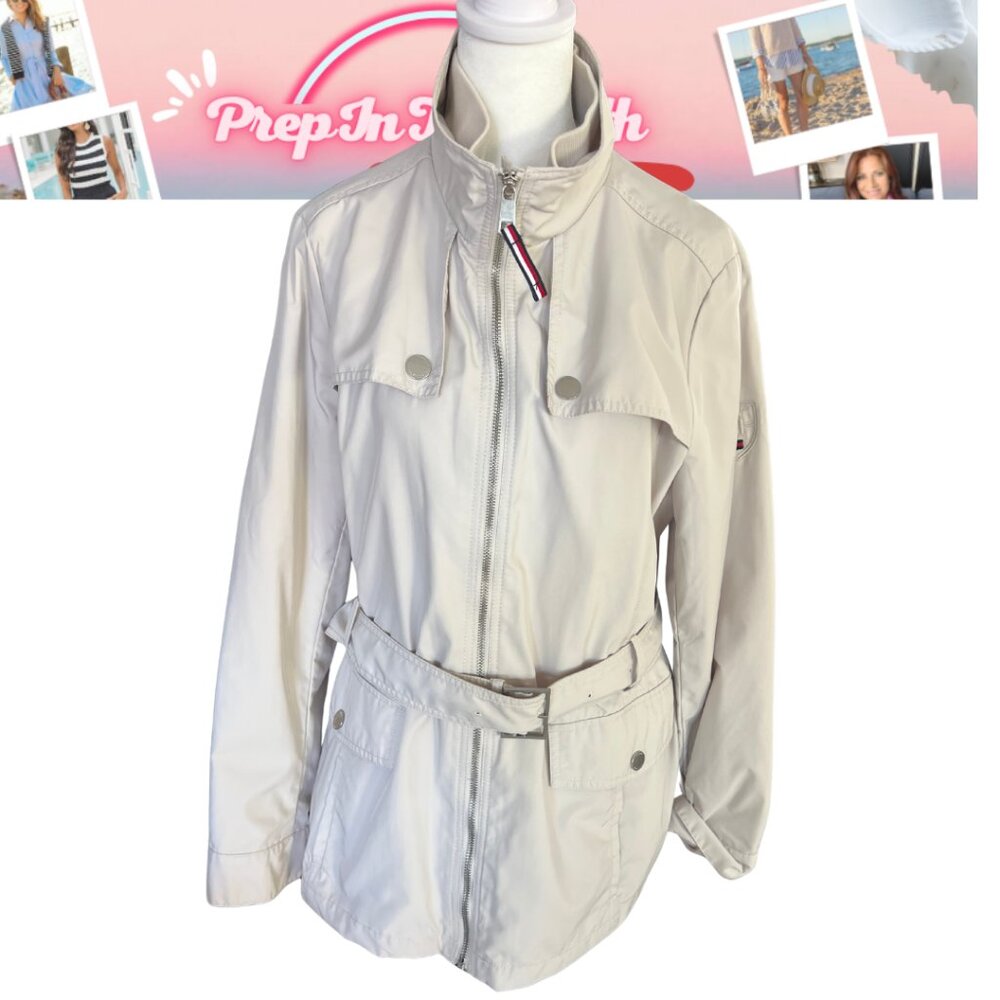 Tommy Hilfiger Women’s Belted Utility Trench Jacket - Cream, Size Large like new